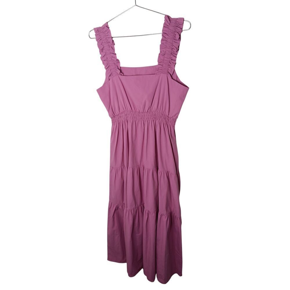 New Easel Los Angeles Tiered Midi Pink Ruffle Strap Pockets Cotton Dress S - Picture 10 of 16